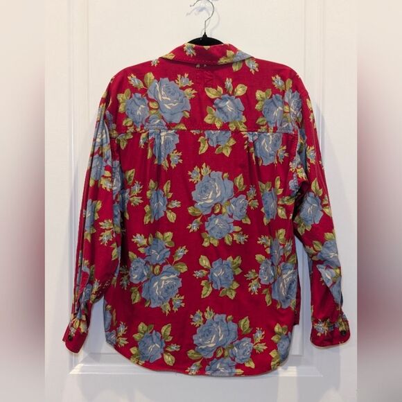 Vintage 90s Lizwear Red Floral Button Down Shirt Med Petite Cotton Cottagecore - Picture 3 of 5